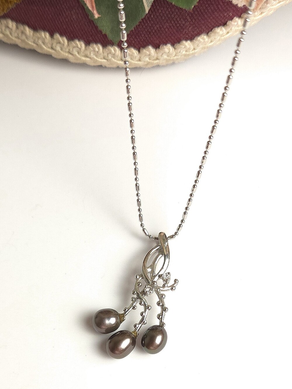 18K White Gold Plated Genuine Brown Pearl & Crystal Pendant Necklace Marked 750 - Picture 2 of 12